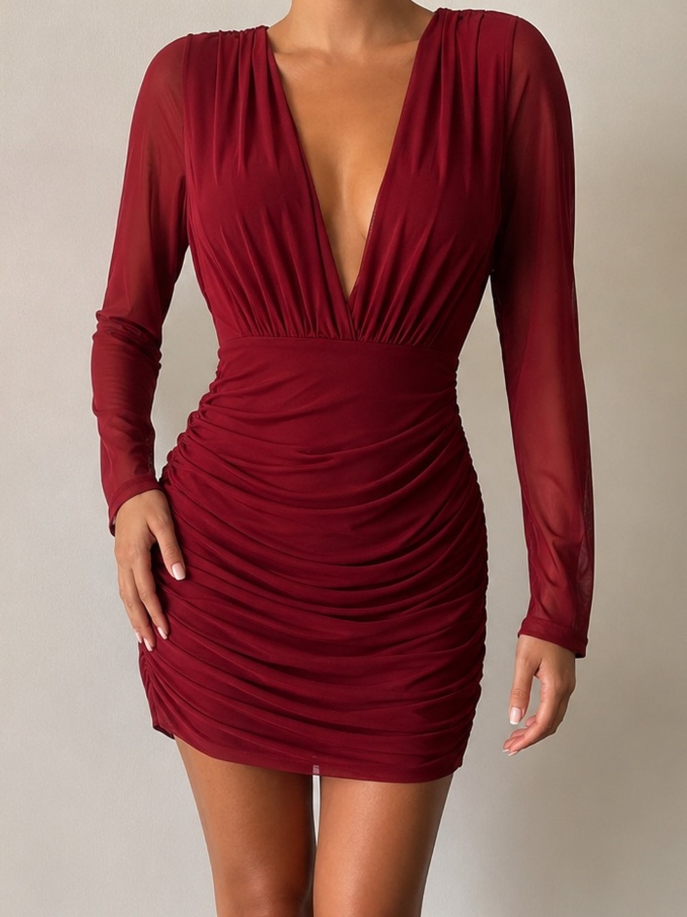 Fashion Nova Burgundy Plunge Ruched Mini Dress